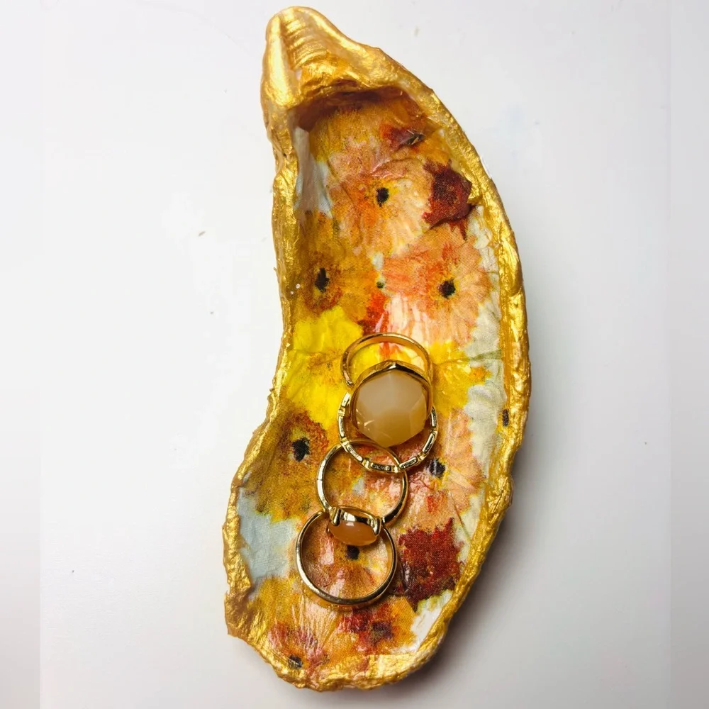 Handcrafted Oyster Shell Ring Dish W/ Autumnal Floral Decoupage Design